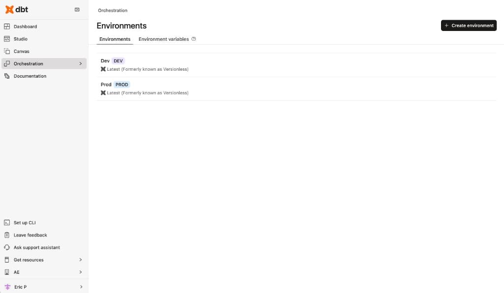 dbt Cloud Environments showing two configured environments: Dev and Prod