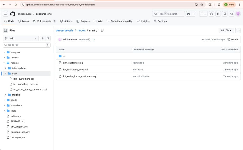 GitHub repo for the capstone — models/mart directory with dim_customers.sql, fct_marketing_roas.sql, fct_order_items_customers.sql