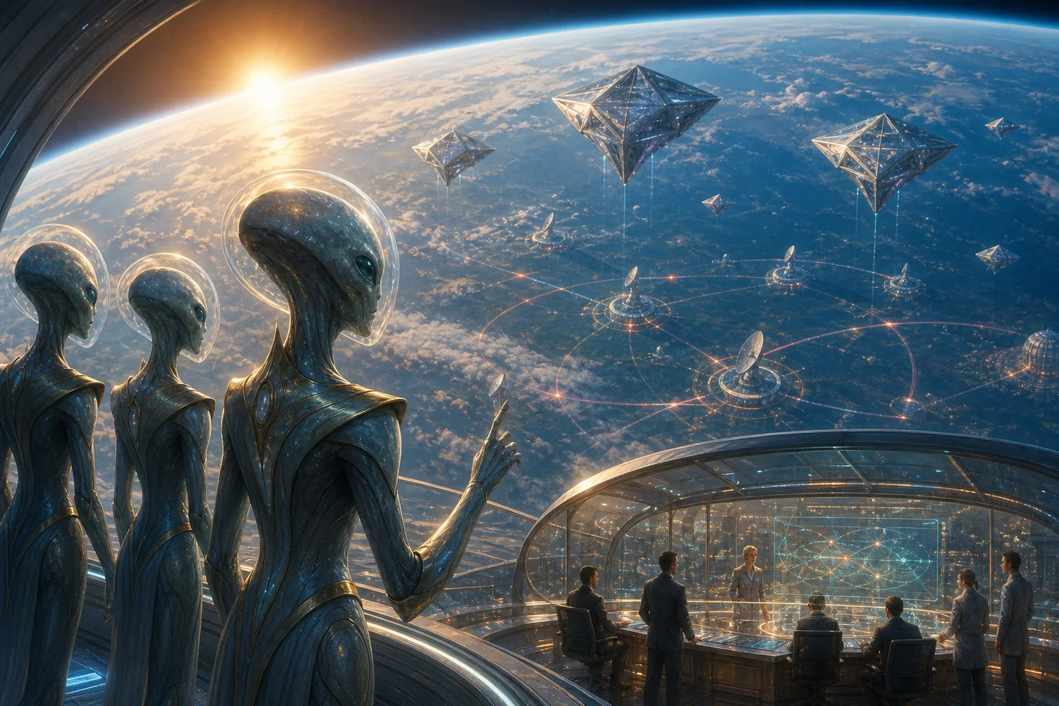 Three alien scouts watch Earth and its orbital tracking network while a human analysis team studies their approach.