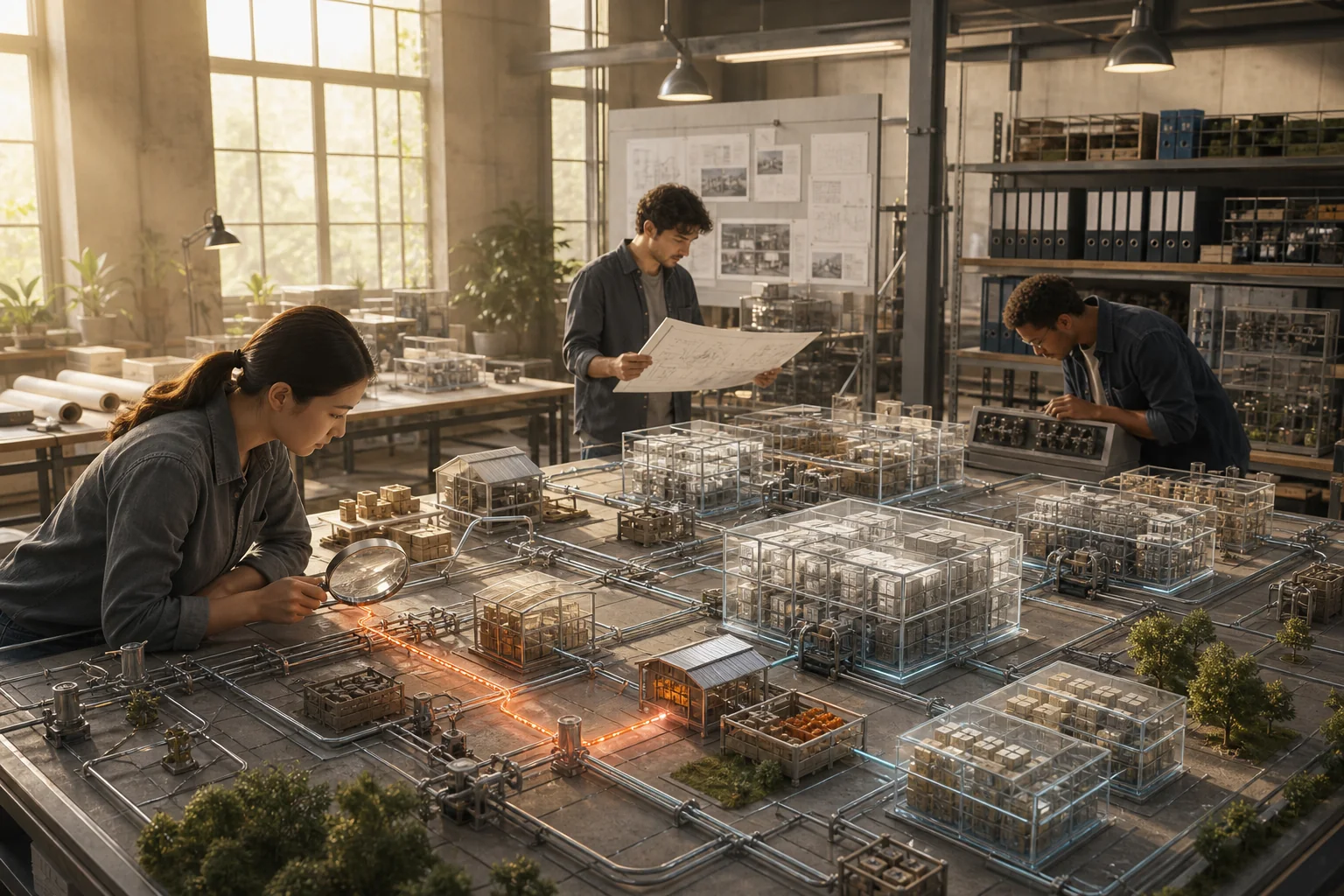 Analytics engineers inspect a physical data model in a sunlit studio, focusing on one broken lineage connection.
