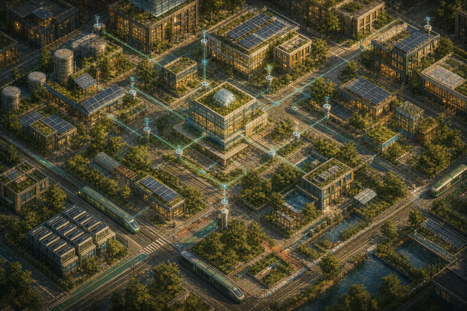 A district with transport, energy, water, and sensor systems feeding a data model.
