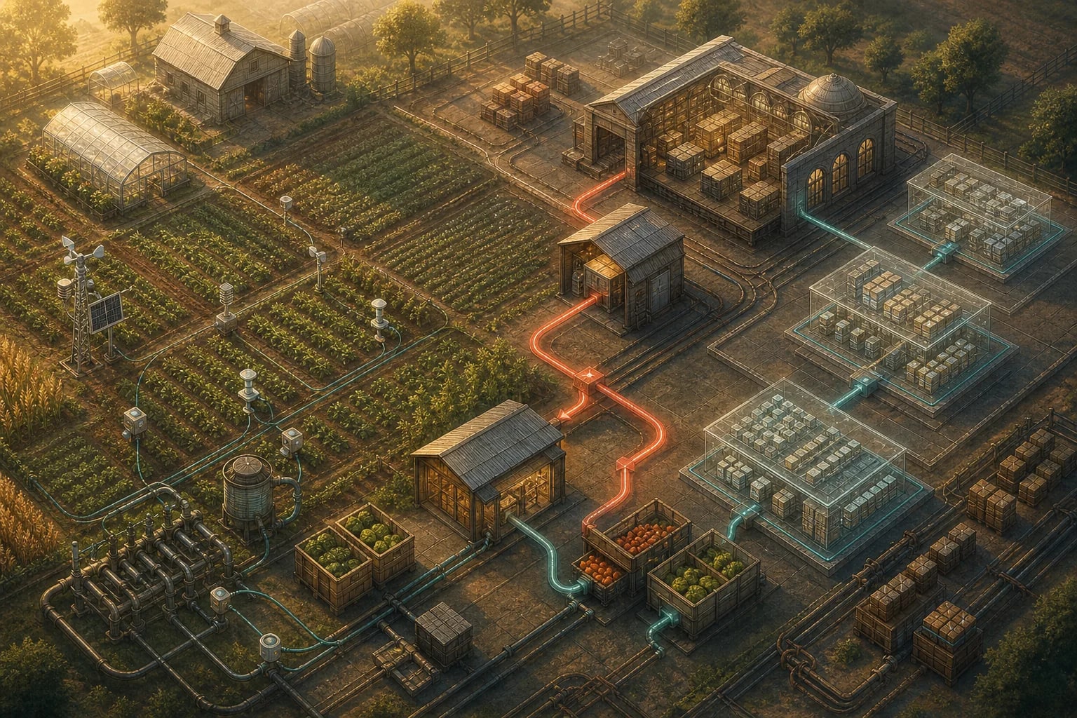 Crop rows and sensors feeding harvest logs into an analytical warehouse.