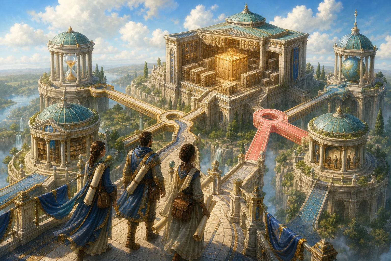 Three analyst-explorers approach a central fact citadel connected by bridges to four distinct dimension towers.