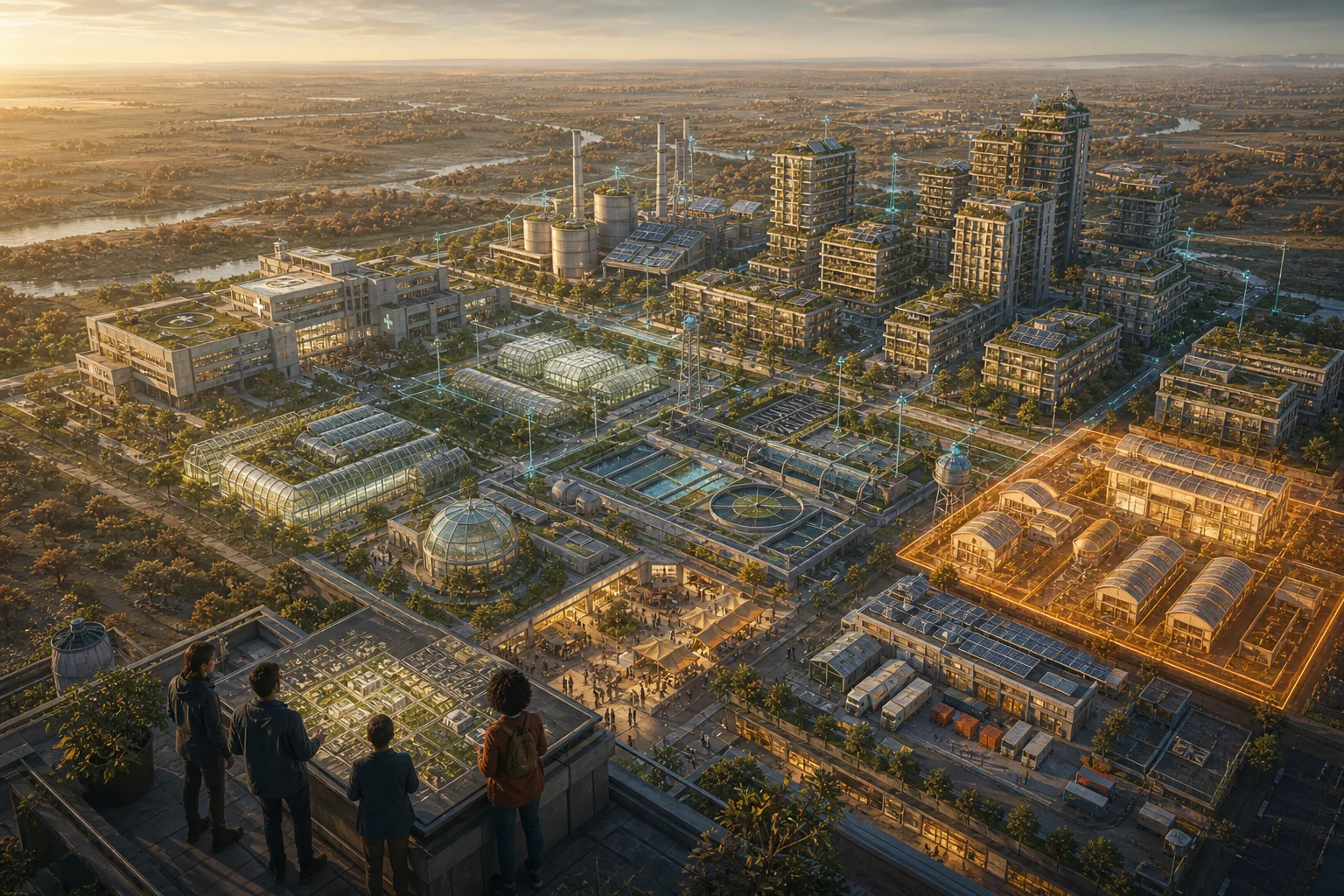 An operations team overlooks the last functioning city at dawn, with its utilities, greenhouses, hospital, and supply districts visible.