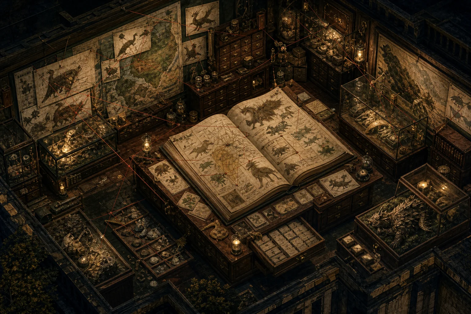 A bestiary spread with category tabs and habitat notes.