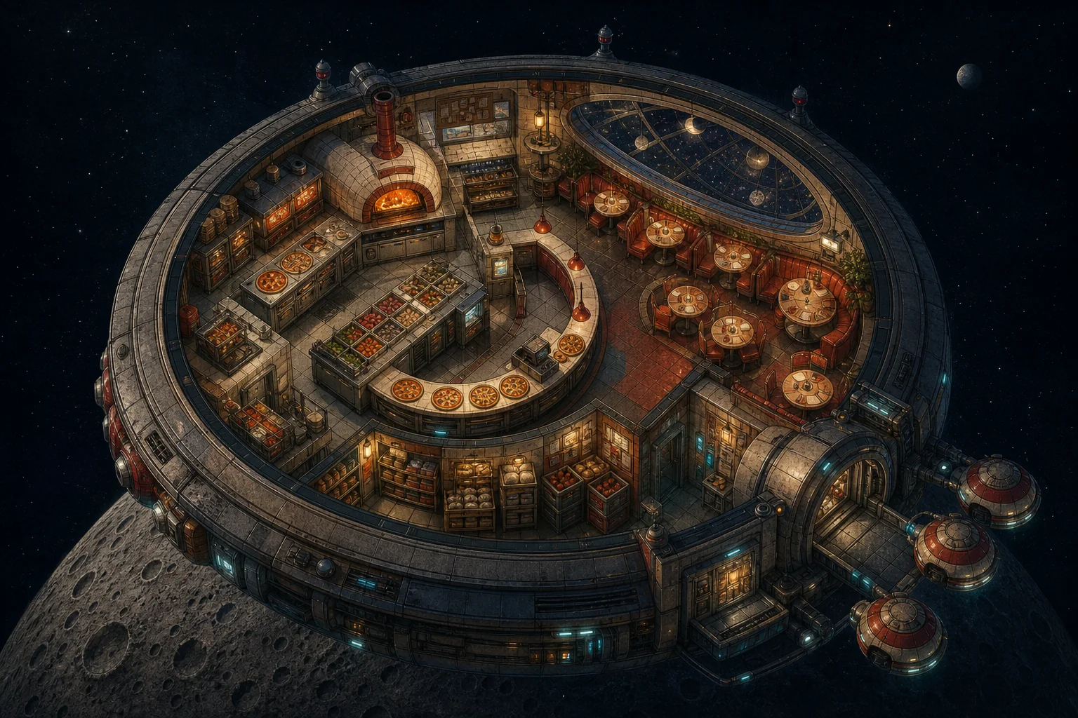 A space restaurant with order tickets, a kitchen line, and a delivery dock.