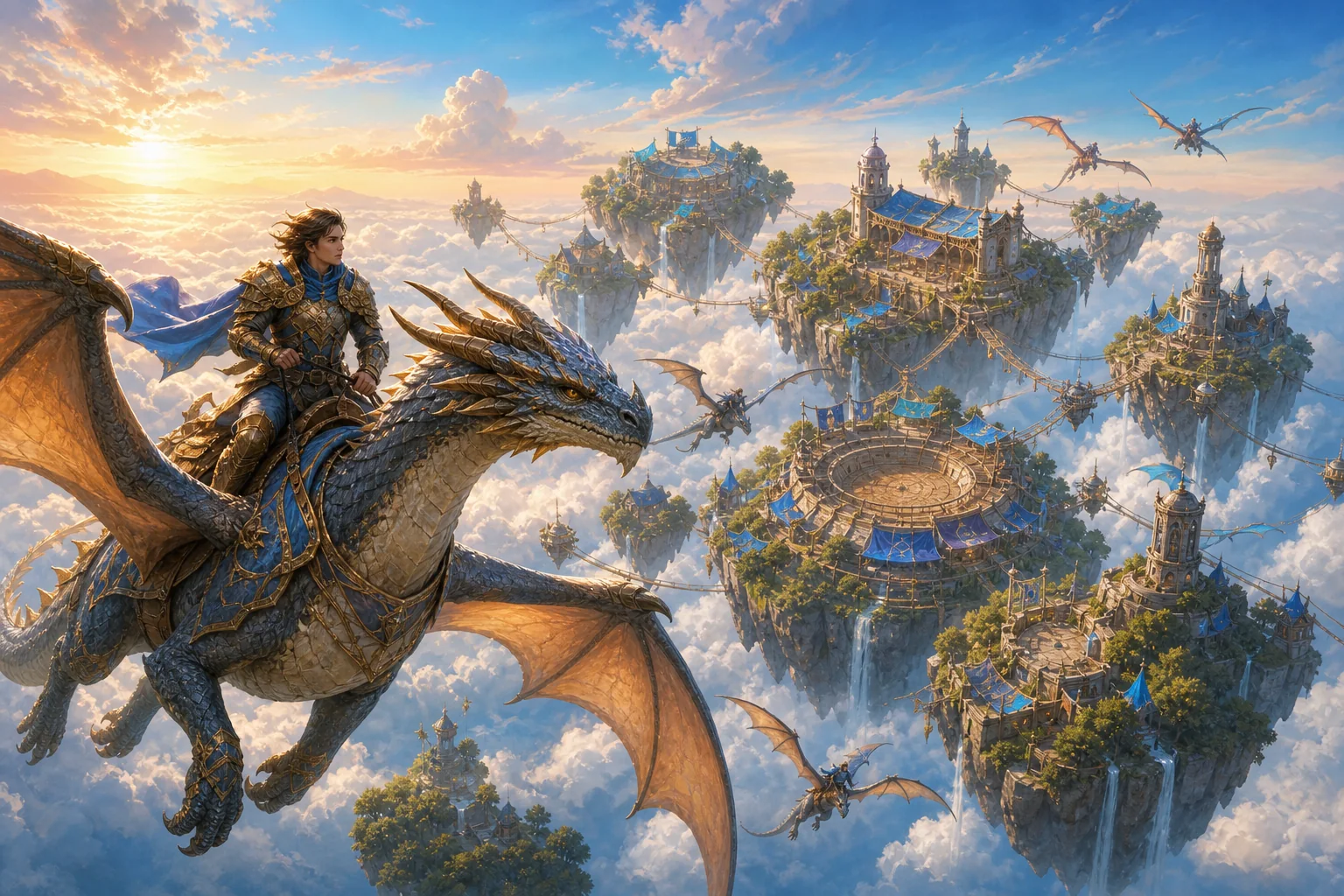 A dragon rider flies toward a network of floating islands, roosts, event arenas, and record towers at sunrise.