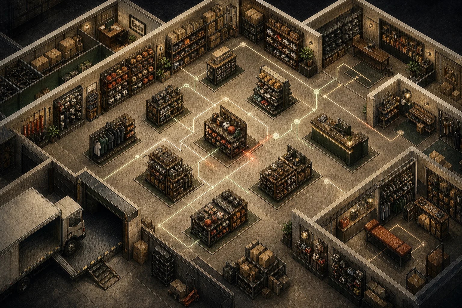 A retail cutaway with equipment shelves, inventory boxes, and checkout.