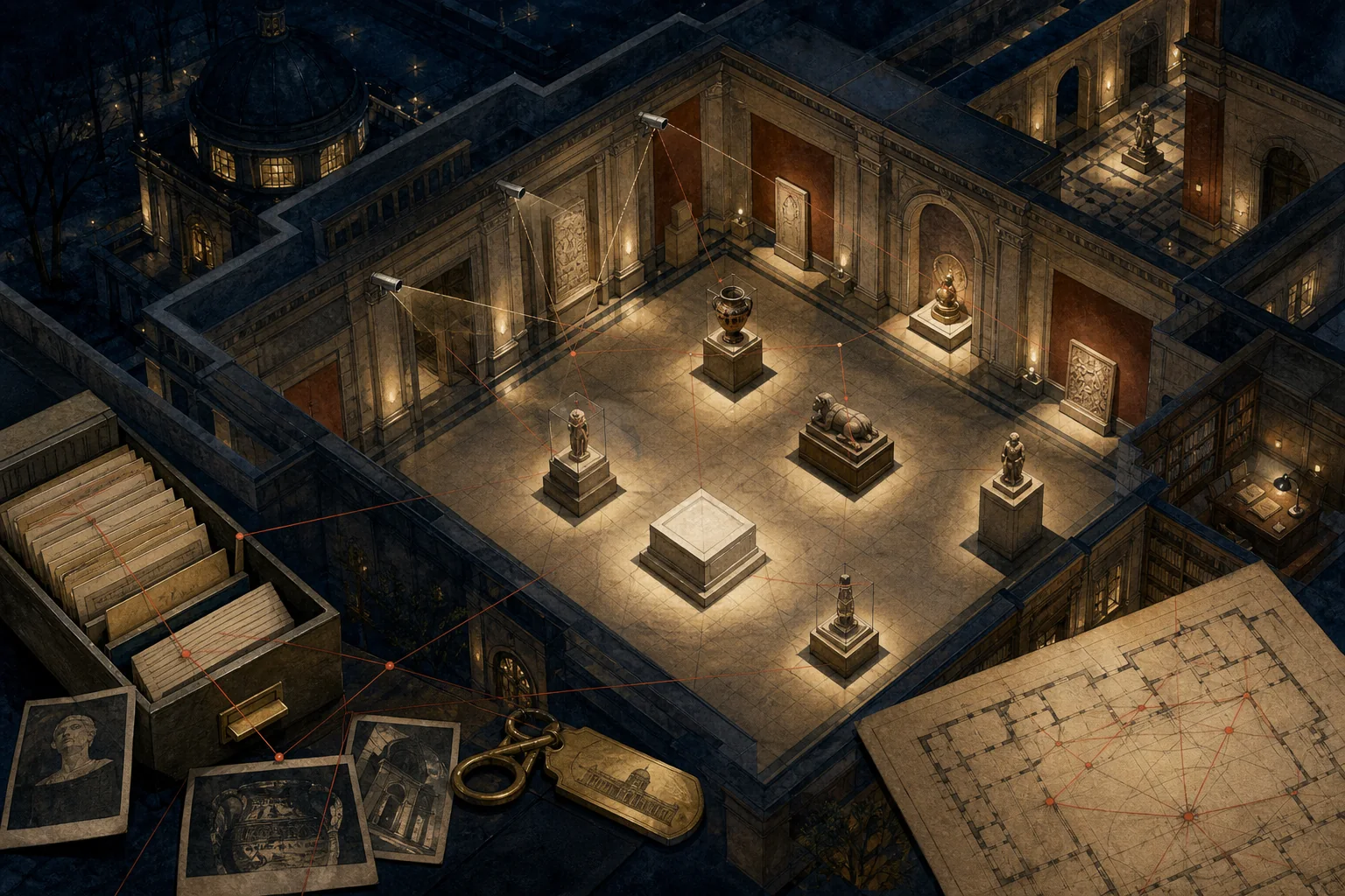 A museum floor plan with artifact plinths and an evidence folder.