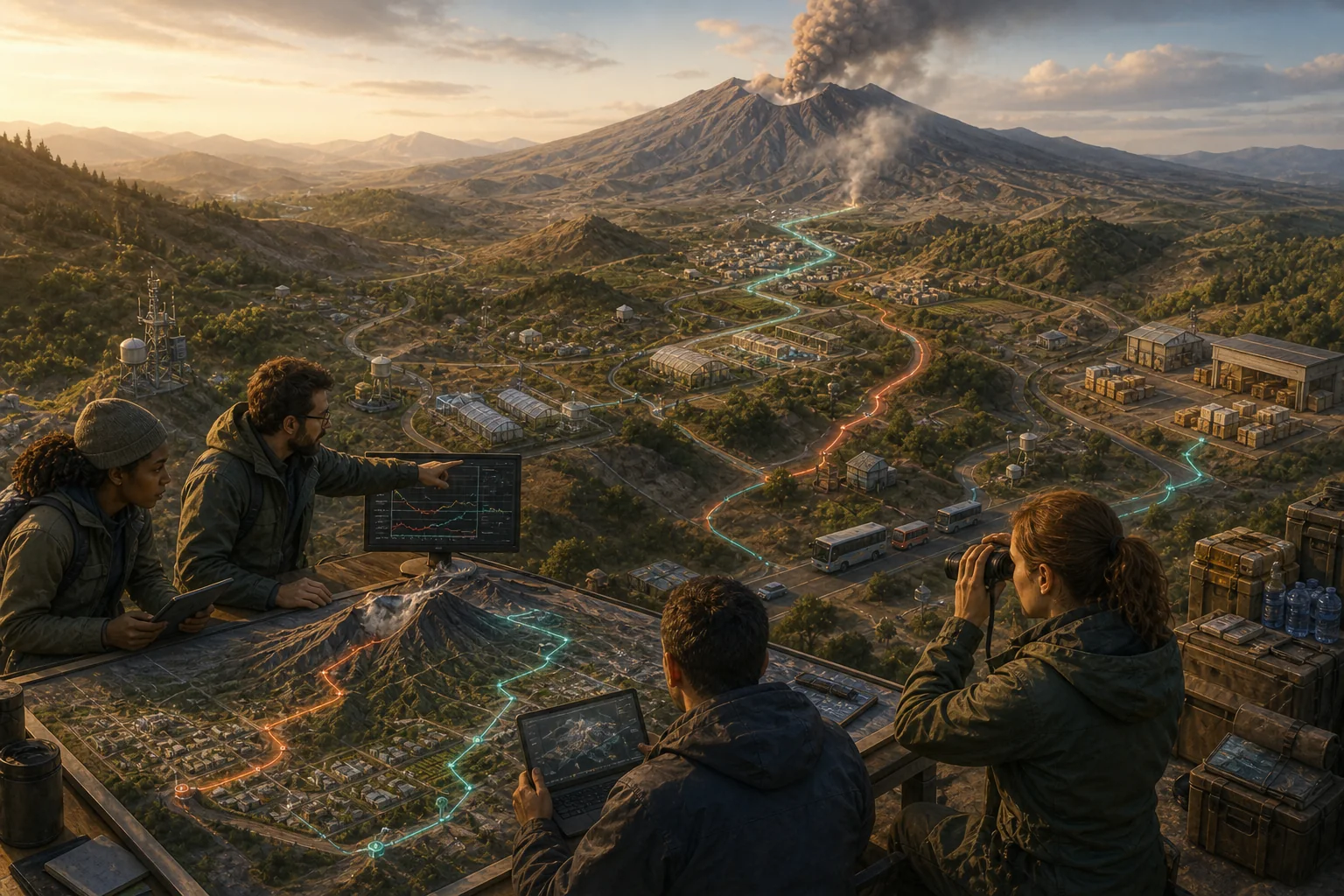 Volcanologists compare a terrain model with the smoking volcano, settlements, supply depots, and evacuation routes below.