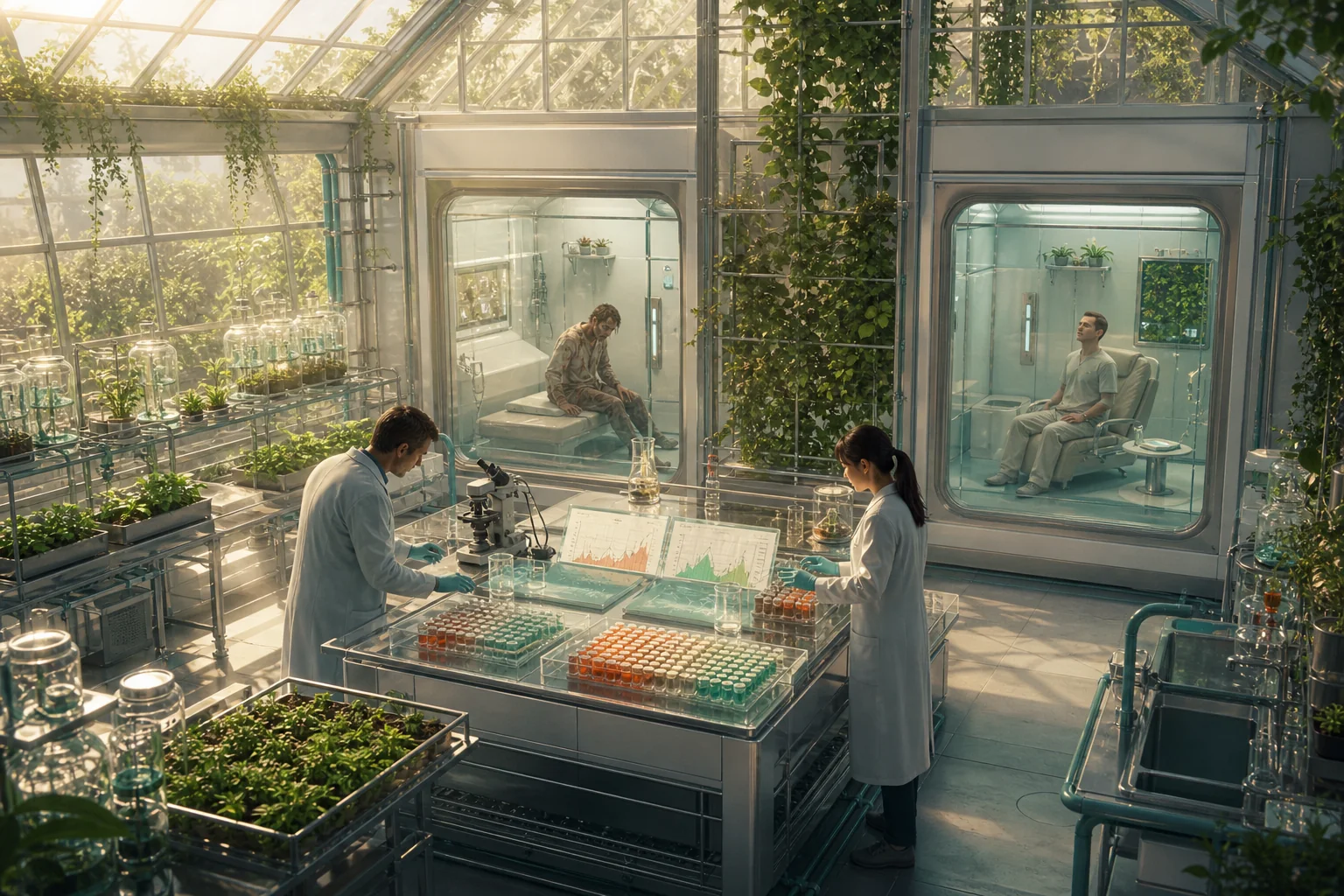 Scientists compare cohorts in a sunlit research greenhouse while a zombie subject and a recovering subject remain in separate observation rooms.