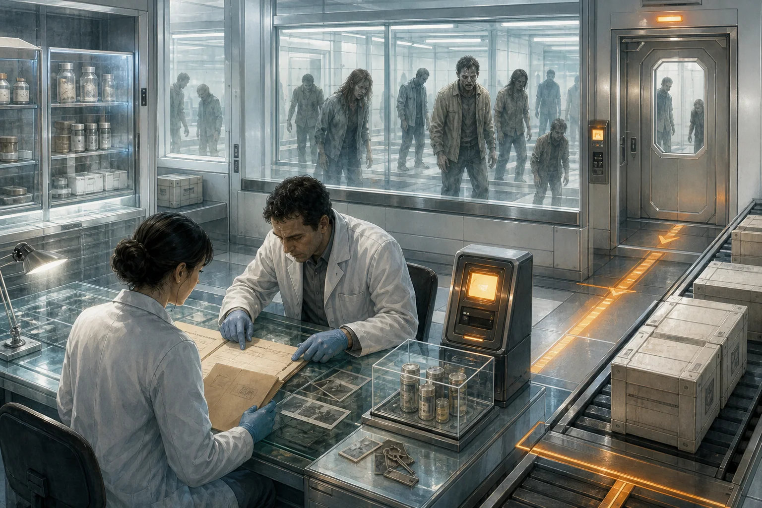 Two scientists examine shipment records in a bright laboratory while zombies remain behind a secure observation window.