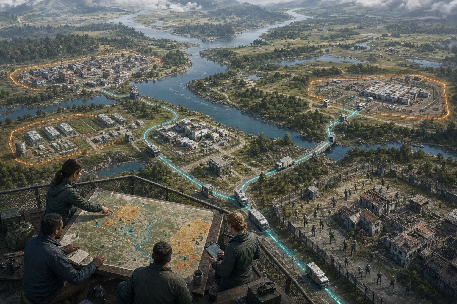 A response team studies a regional map above protected towns, supply routes, and a fenced district occupied by zombies.