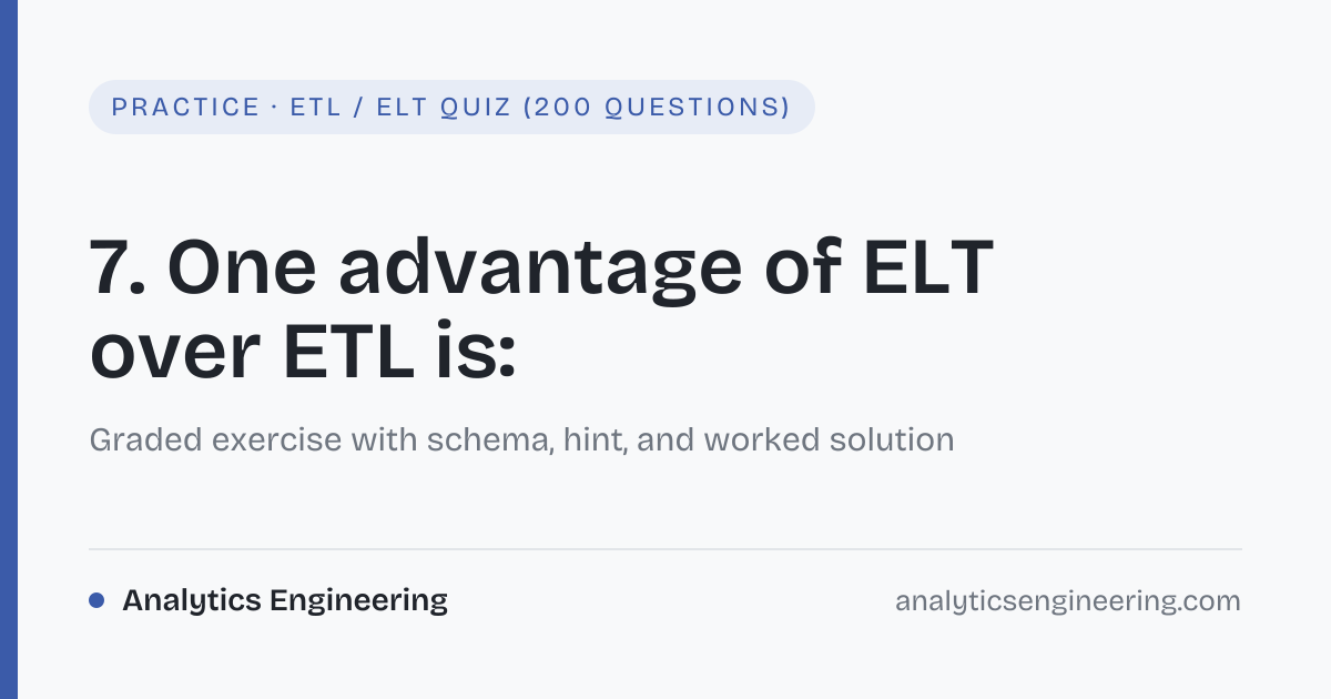 7. One advantage of ELT over ETL is: · ETL / ELT Quiz (200 Questions ...