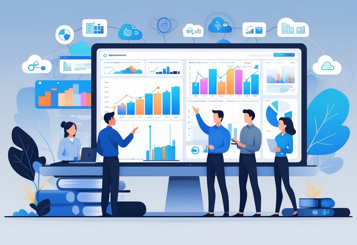 A group of professionals collaborating around a digital dashboard displaying charts and data visualizations in an office setting.
