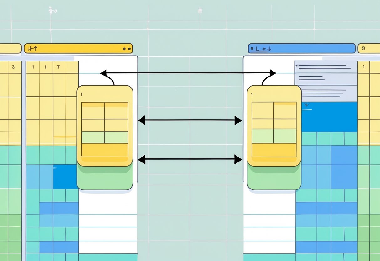 Two database tables side by side connected by arrows and overlapping areas illustrating different types of SQL joins.
