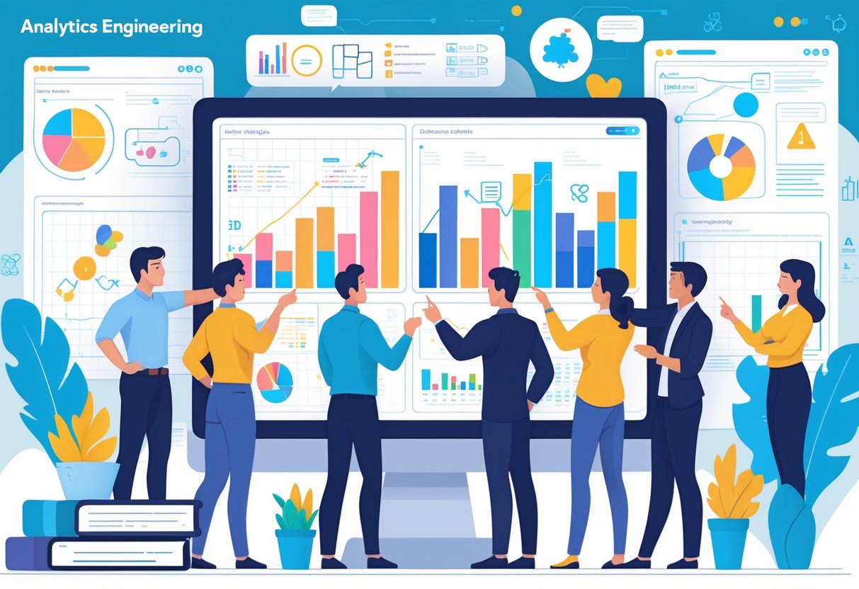 A group of professionals collaborating around a large digital screen showing data charts and graphs in a bright, organized workspace.