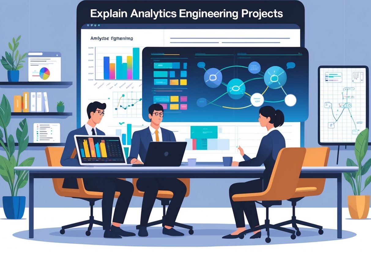 An interview scene with a candidate explaining data analytics projects to two interviewers using a laptop and a large screen showing data visualizations and flowcharts.