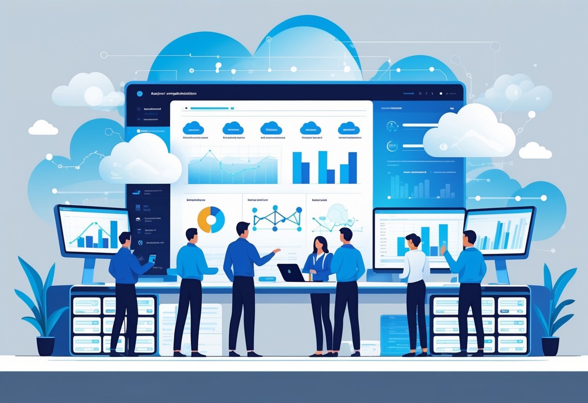 A group of professionals collaborating around a digital dashboard showing cloud service icons and data visualizations with cloud shapes and servers in the background.