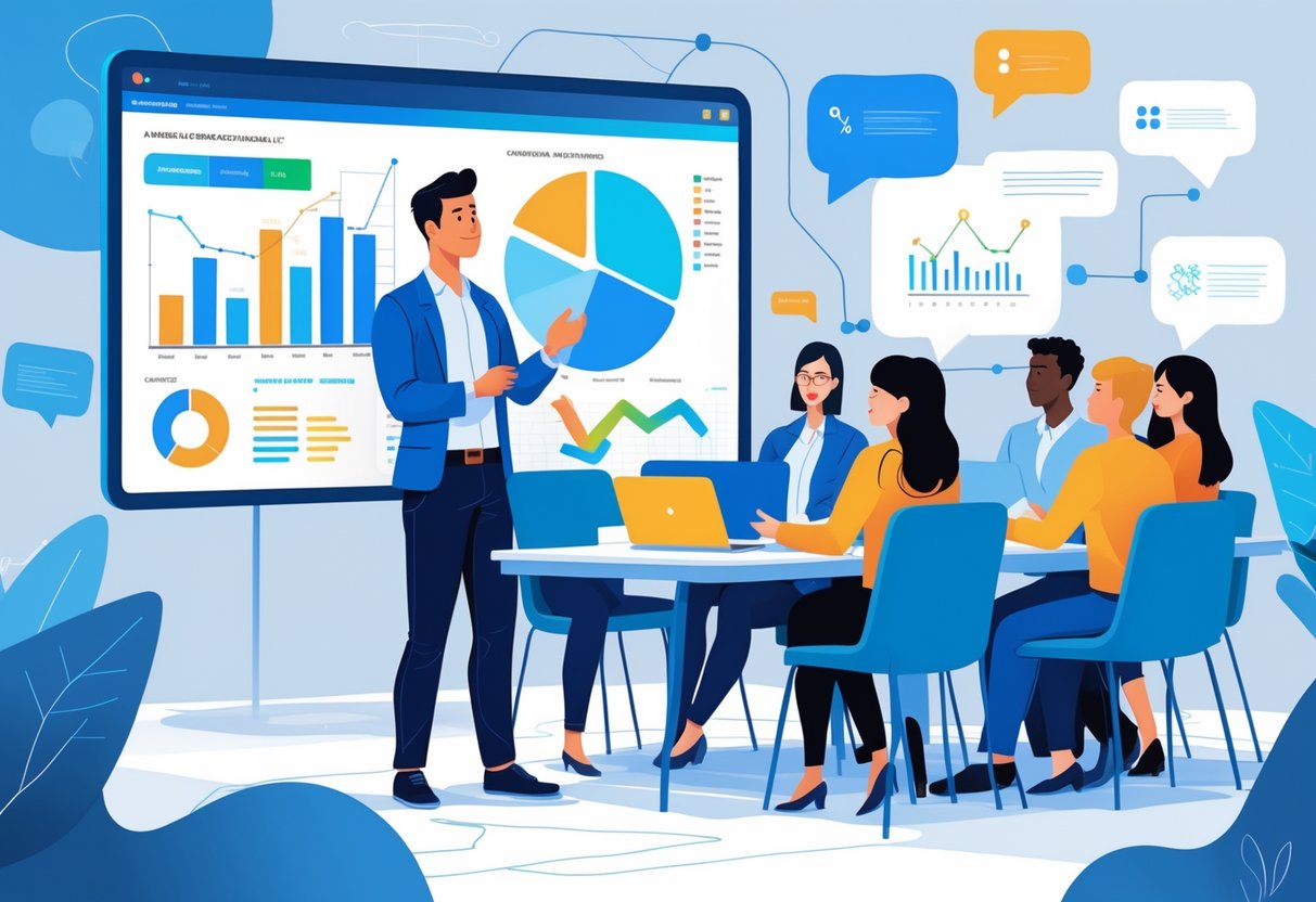 An analytics engineer presenting colorful data visualizations on a large screen to a group of attentive colleagues in a conference room.