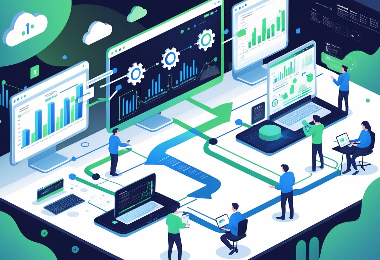 A digital workspace showing professionals collaborating around interconnected screens with data charts and a continuous integration and deployment pipeline symbolized by flowing arrows and gears.