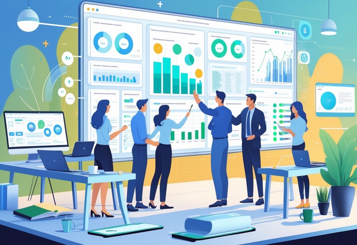 A group of professionals collaborating around a digital screen showing data charts and AI insights in a modern office workspace.
