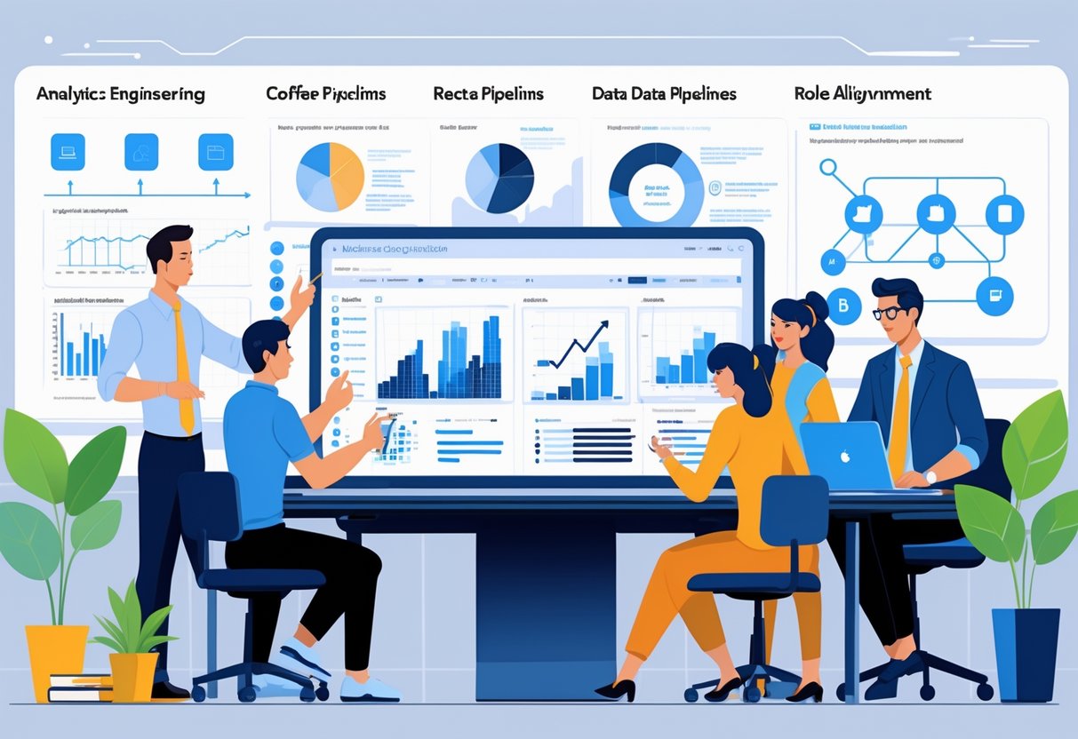 A group of diverse professionals collaborating around a digital table with data visualizations and charts in a modern office setting.