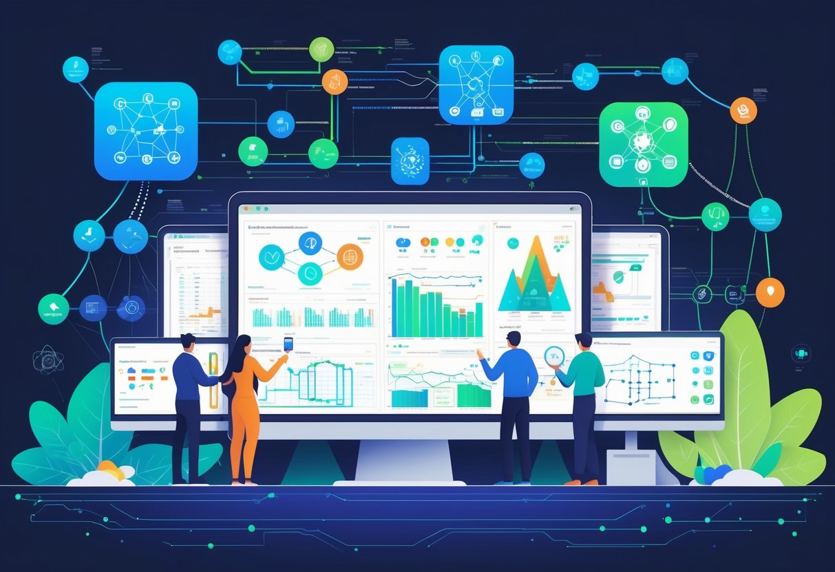 A group of professionals working together around a digital display showing AI and machine learning diagrams, with an engineer analyzing code on multiple screens and a visual pathway representing career progression.