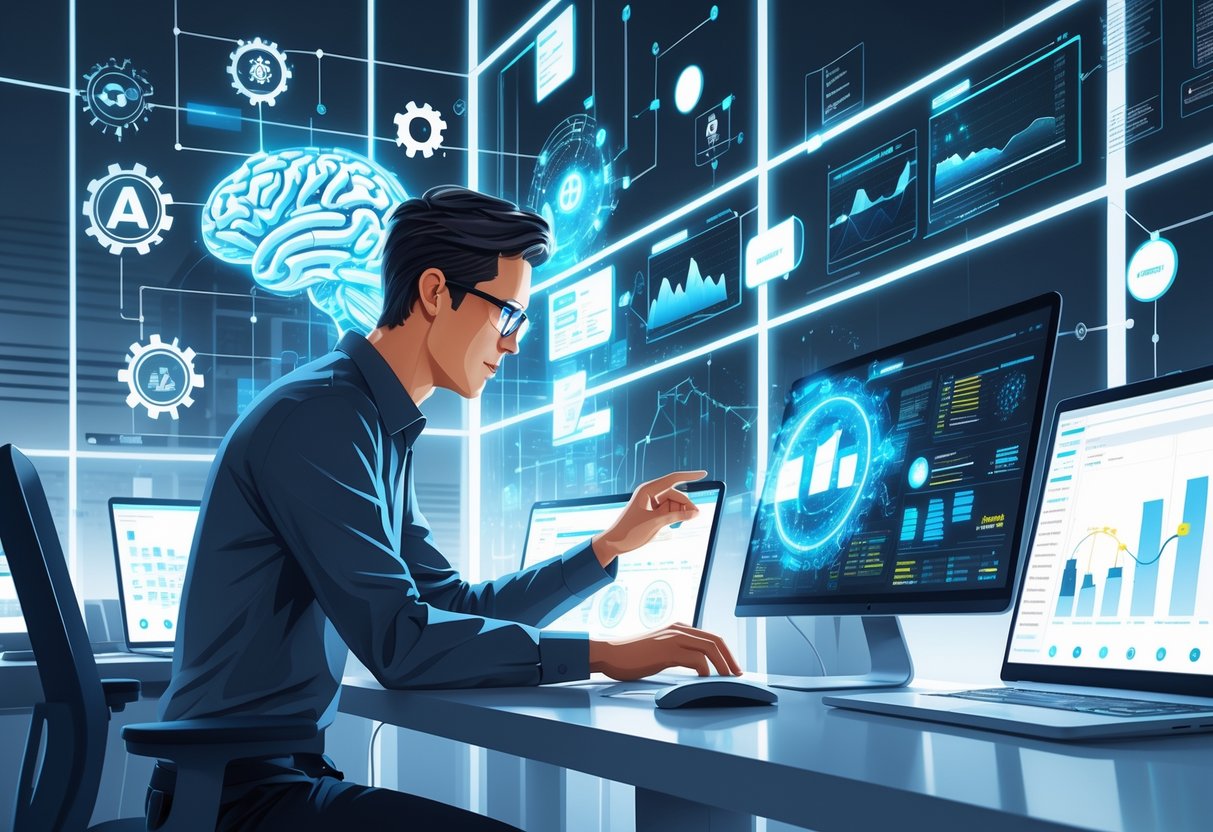An engineer working with multiple digital screens showing data visualizations and AI-related graphics in a modern office.