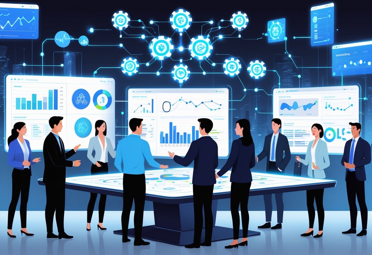 A group of professionals collaborating around a digital table displaying data and AI icons, with holographic screens showing charts and automation flows in a modern office.