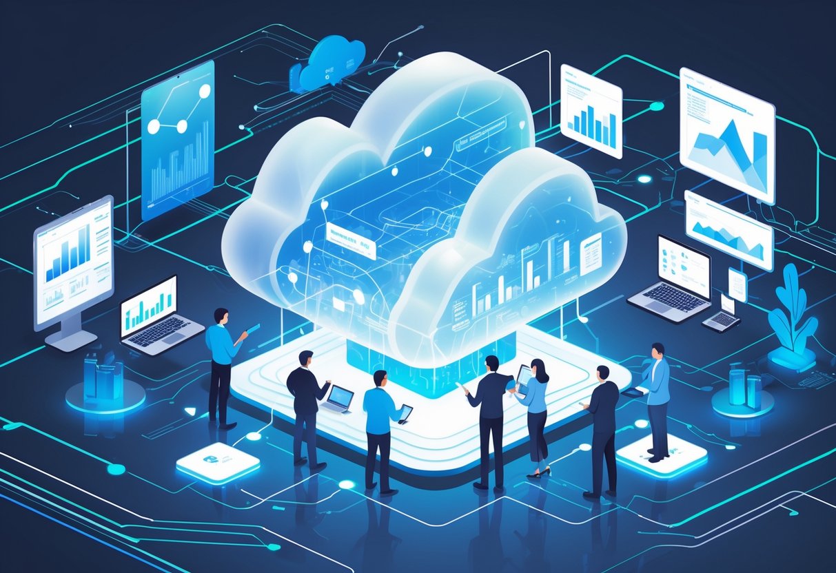 A group of professionals collaborating around a glowing cloud-shaped data server connected to laptops and digital screens displaying charts and graphs in a modern office setting.