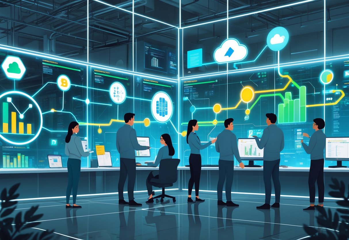 A group of engineers working together around digital screens showing data visualizations and connected data sources, highlighting the process of identifying and fixing data quality issues.