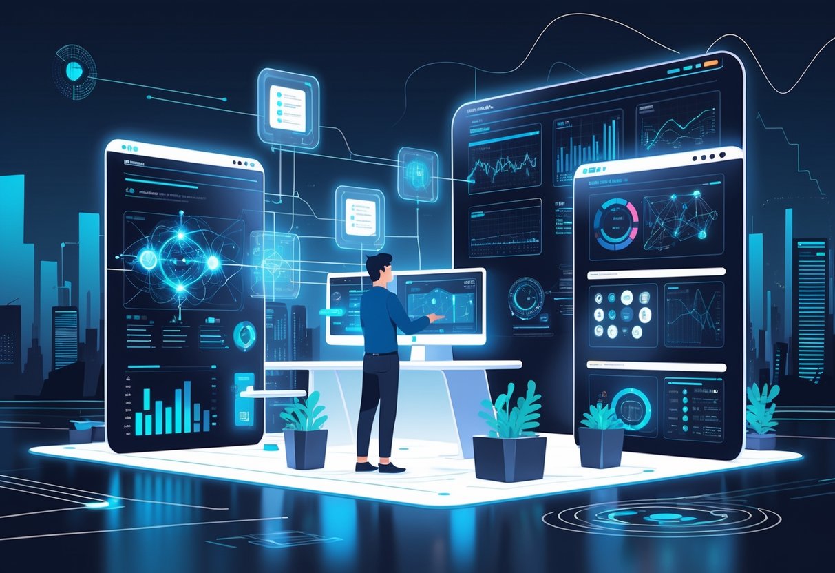 An analytics engineer working with multiple digital screens showing data visualizations and AI elements in a futuristic workspace.