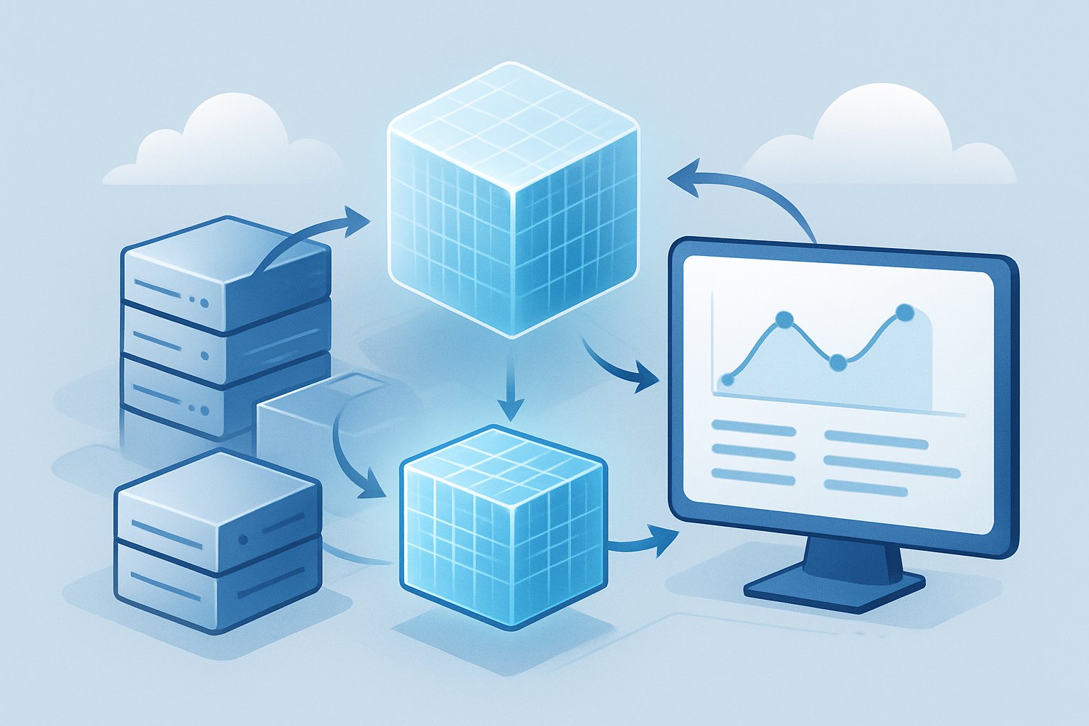 A digital illustration showing a data warehouse with servers, a glowing cube representing Parquet data, and data streams flowing to a computer screen displaying charts, symbolizing data storage and querying in BigQuery.