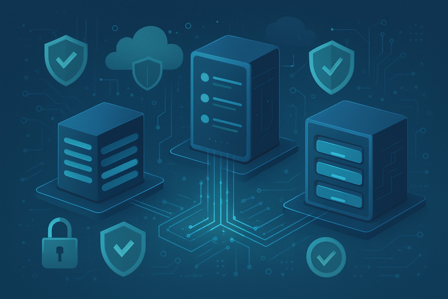Three interconnected digital platforms with flowing data streams, surrounded by security and compliance icons, representing data governance and automated data catalogs.