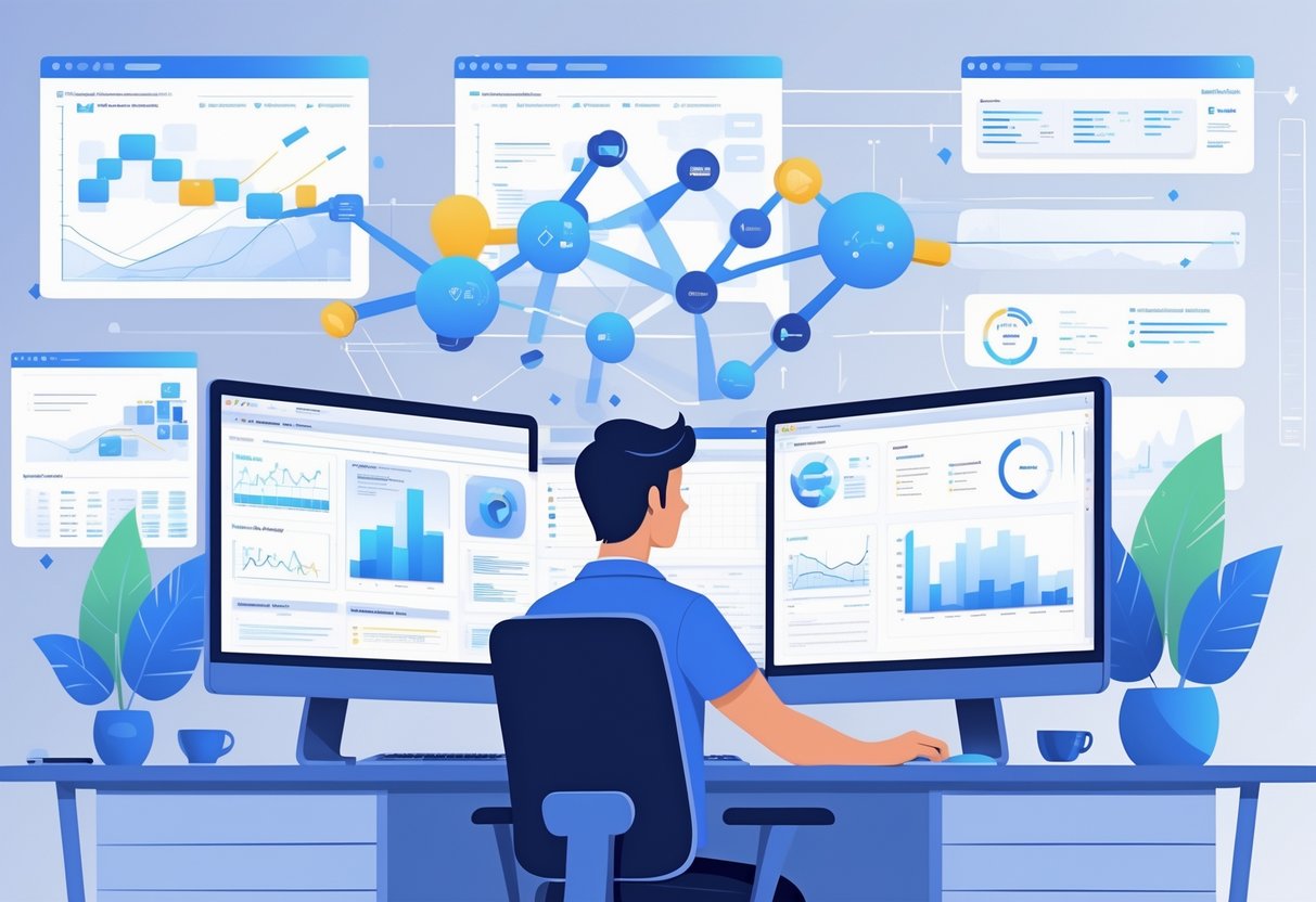 A person working at a desk with multiple screens showing data charts and code, surrounded by visual elements representing data pipelines and analytics workflows in an office setting.