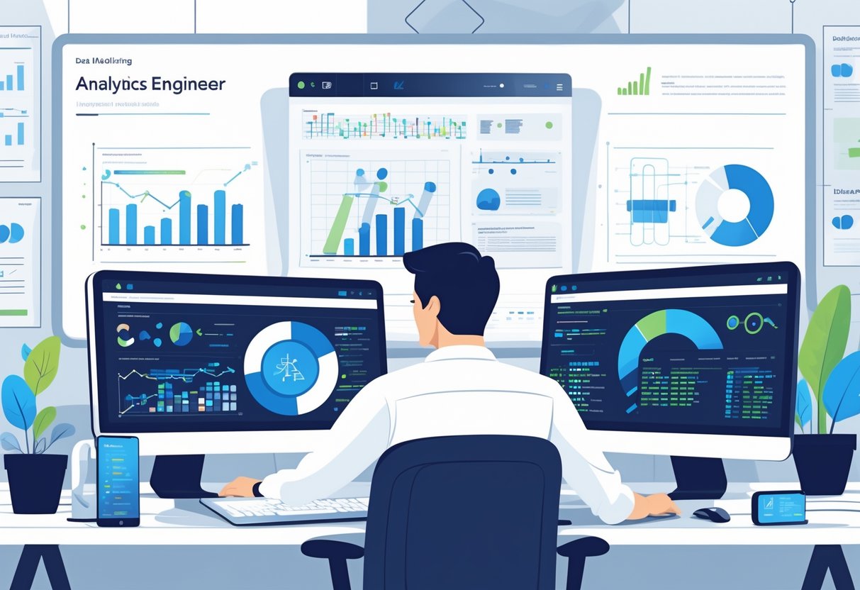 An analytics engineer working at a desk with multiple monitors showing data charts and code, surrounded by icons representing data processing and collaboration in an office.