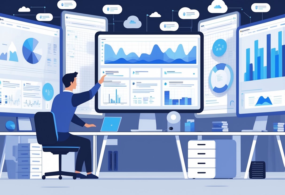 An analytics engineer working with multiple digital screens showing data charts and code in a modern office environment.