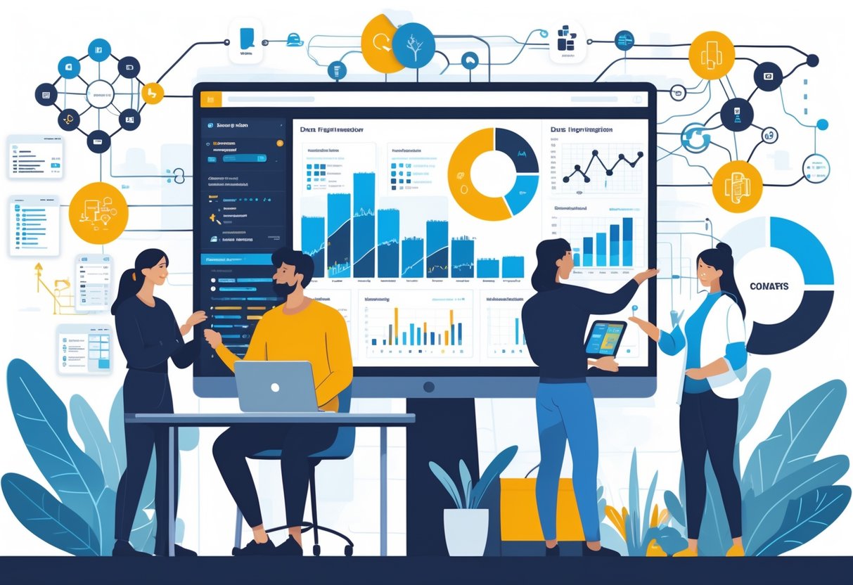 A team of analytics engineers collaborating around digital dashboards and data visualizations in a modern office setting.