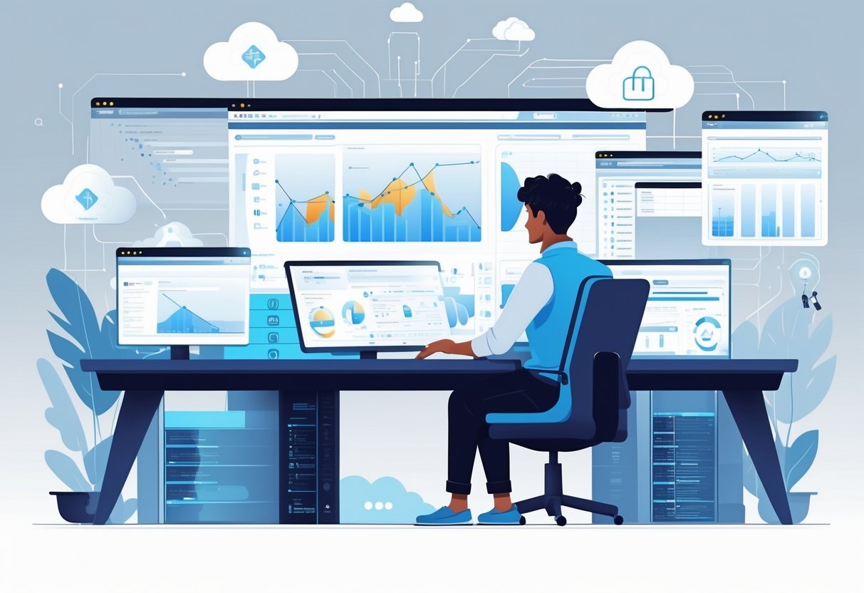 An engineer working at a desk with multiple transparent digital screens showing data flows, graphs, and network infrastructure diagrams related to data pipelines and infrastructure management.