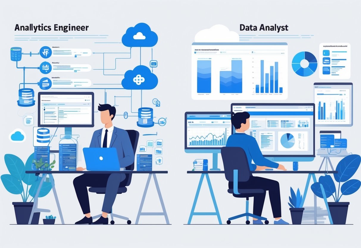 Two professionals in an office setting, one working with data pipelines and coding, the other analyzing charts and graphs on multiple screens, illustrating their different roles.