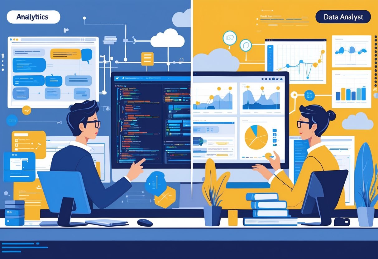 Two professionals in an office, one working with data infrastructure and code, the other analyzing charts and graphs, representing different roles in data work.