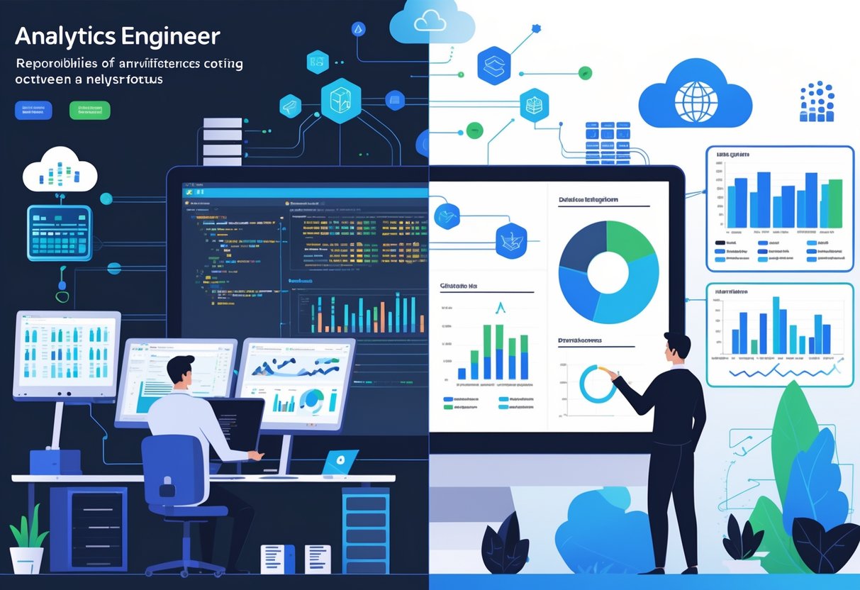 Two professionals working side by side: one managing data pipelines and coding, the other analyzing charts and presenting insights.