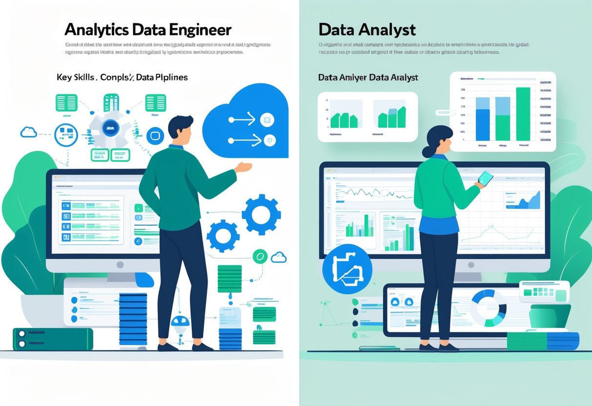 Illustration showing two professionals side by side, one working with data engineering tools and coding, the other analyzing data with charts and dashboards, highlighting their different roles and technologies.