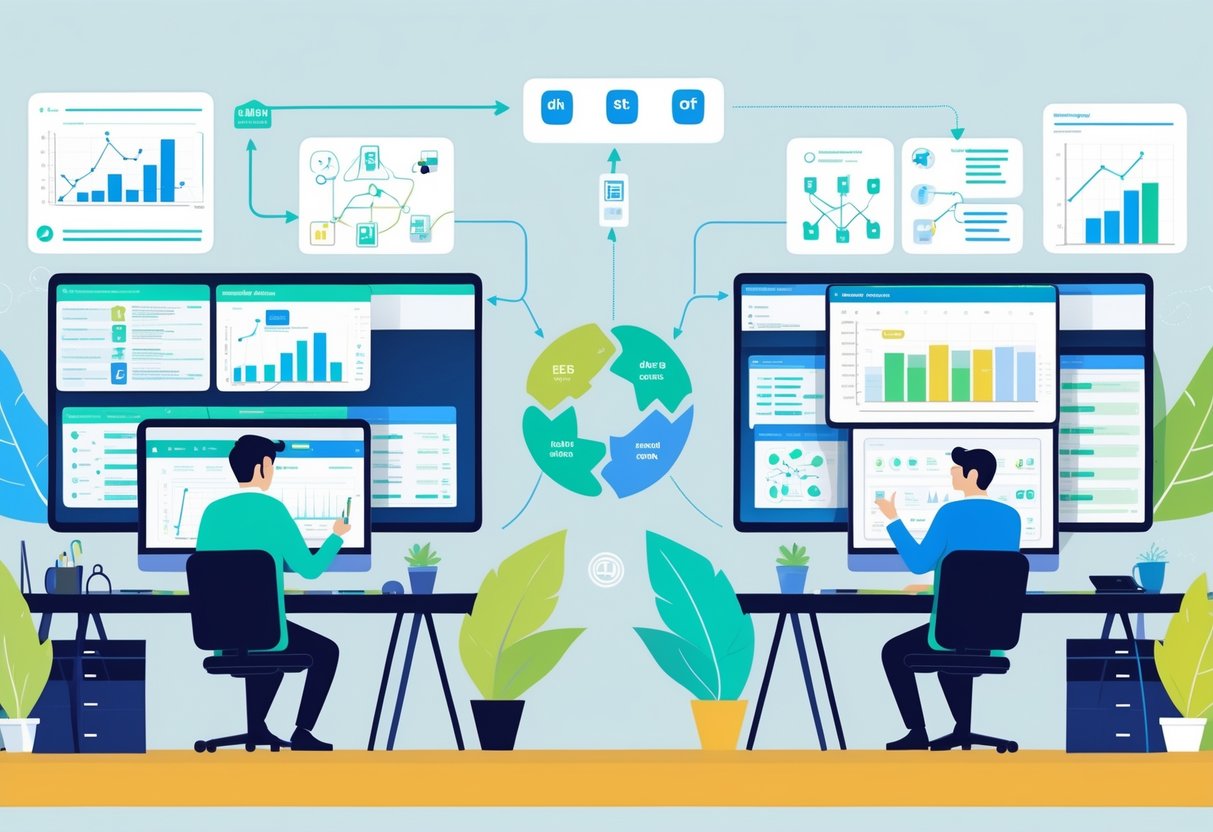 Two professionals working side by side, one building data pipelines and coding, the other analyzing charts and presenting insights, connected by an organizational structure diagram with career pathway icons above them in a modern office setting.