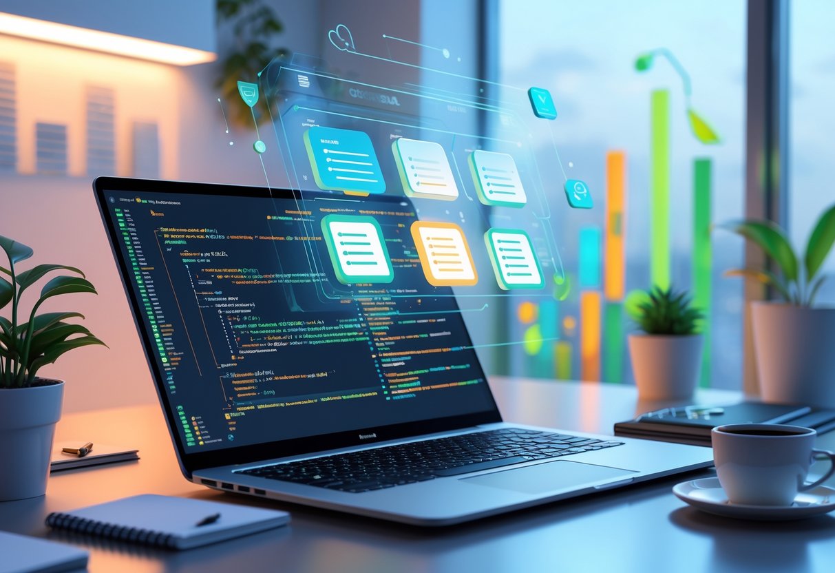A workspace with a laptop displaying holographic icons representing five key SQL commands surrounded by data charts and analytics tools.