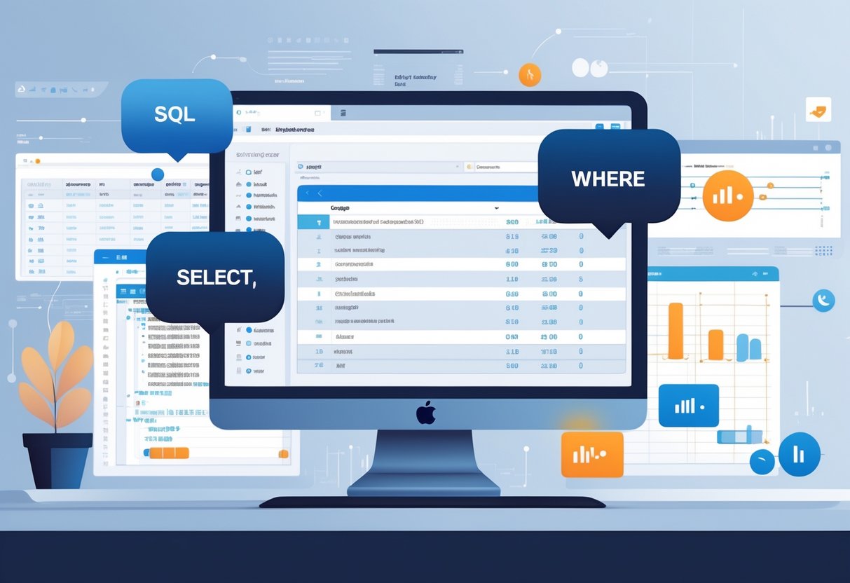 A workspace with a computer monitor showing a database schema and icons representing SQL commands SELECT, FROM, and WHERE surrounded by data charts and code elements.