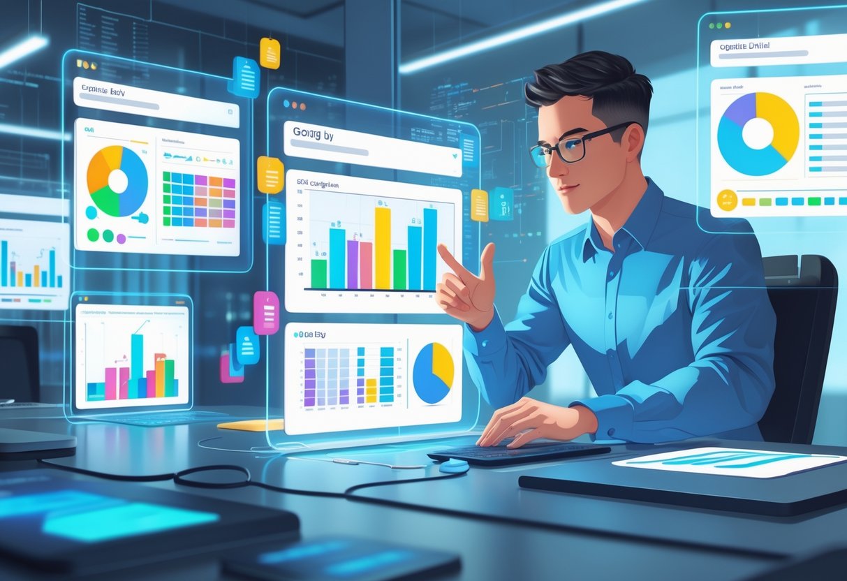 An analytics engineer working at a desk surrounded by floating holographic screens showing charts and data visualizations related to data grouping and aggregation.