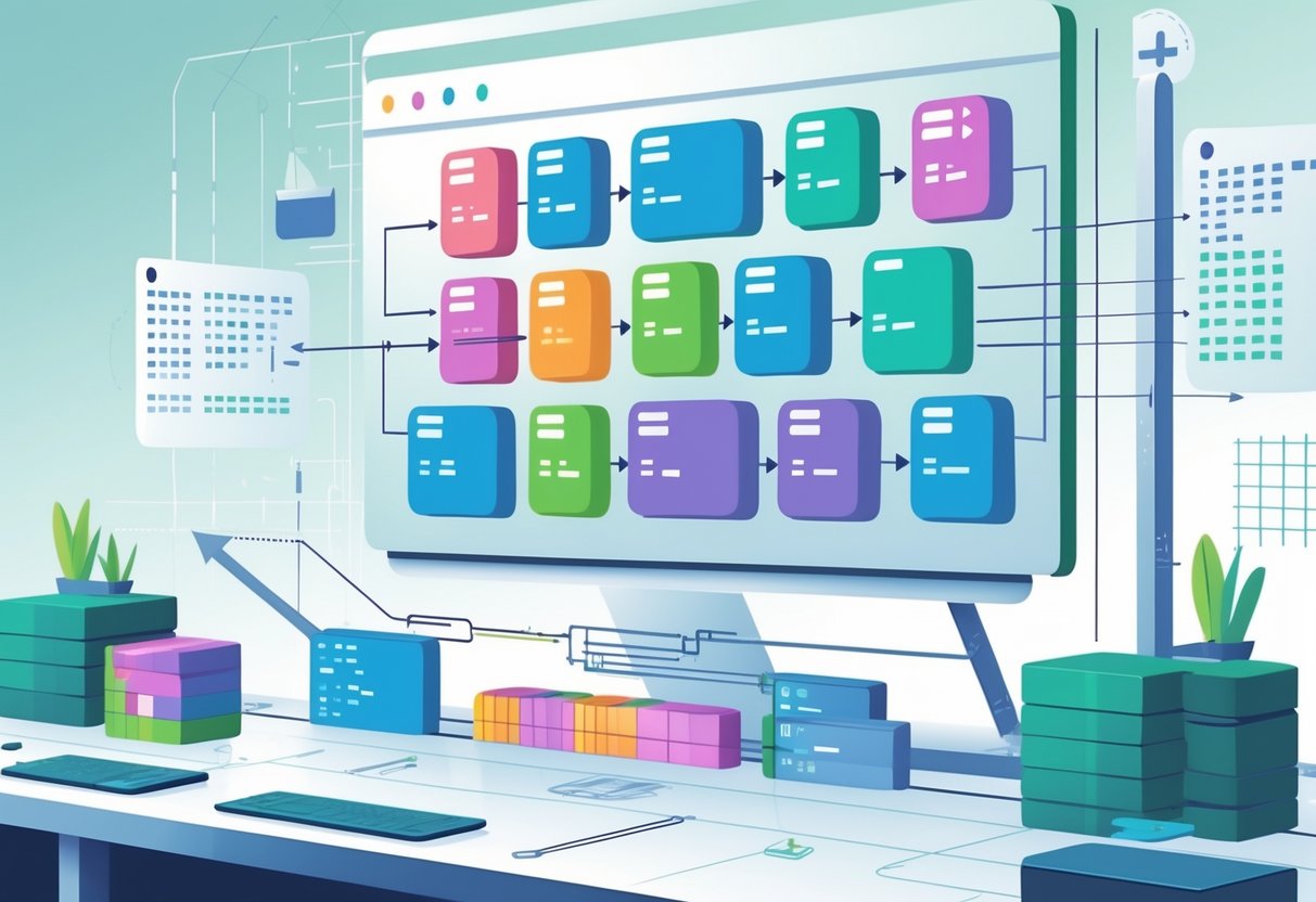 A workspace with a large transparent screen showing interconnected database tables linked by arrows and visual elements representing sorting and ordering of data.