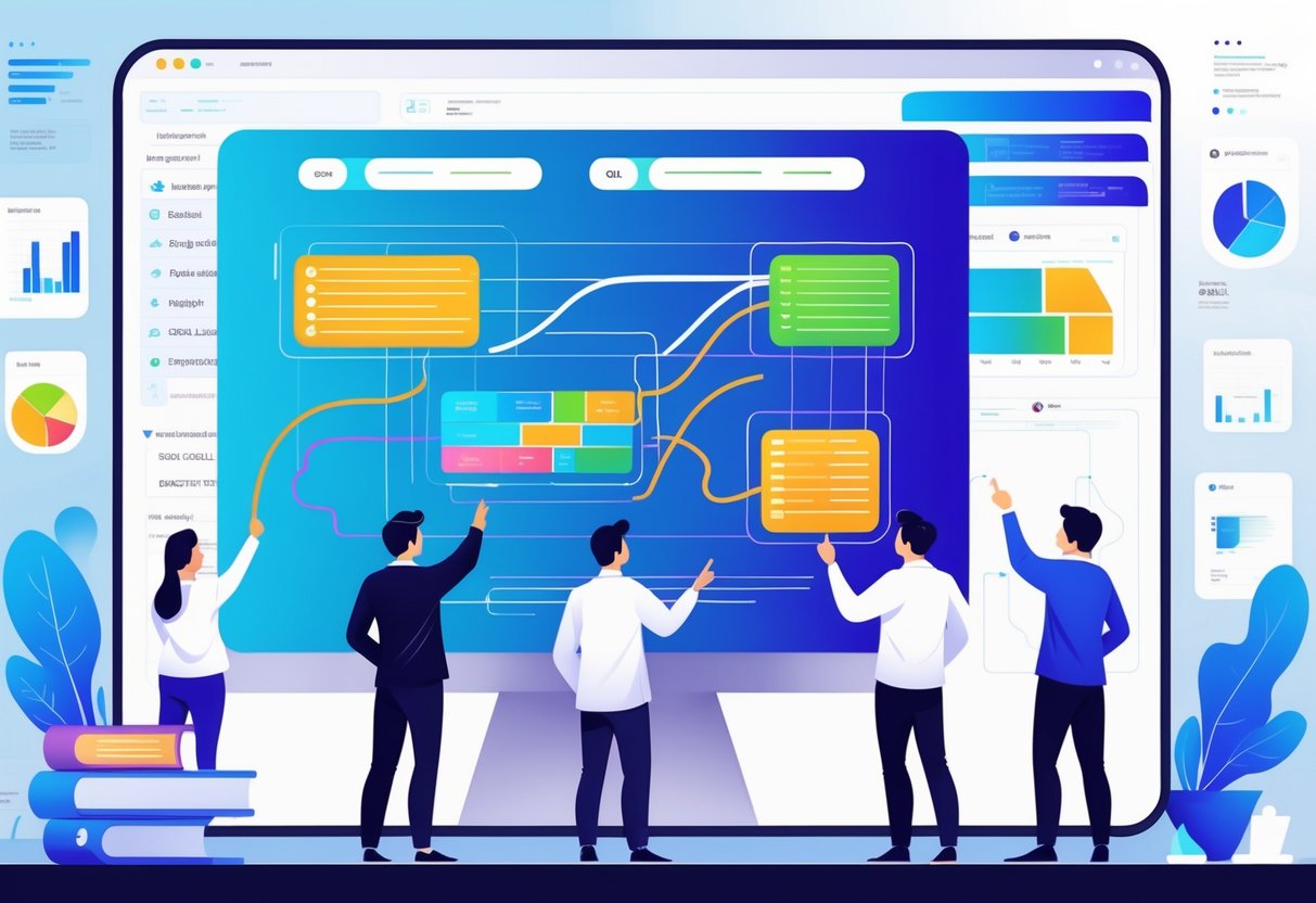 A group of analytics engineers collaborating around a digital screen displaying abstract SQL code and data visualizations related to advanced SQL techniques.